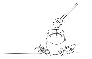 Honey jar & honey dipper line art.  Dripping honey line art. Hand drawn vector illustration with editable stroke. Isolated on transparent background.

