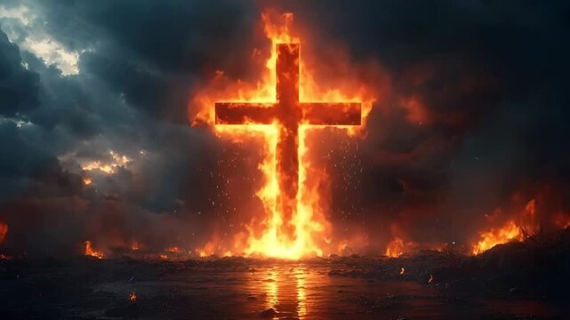 Fiery cross burning against a dramatic stormy sky