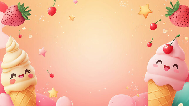 Children's Summer Day Banner With Soft Orange Background and Floating Elements Like Cherries, Ice Cream, Stars, and Candy, Designed for Cheerful Events, Kids’ Invitations, or Celebration Cards

 - Powered by Adobe