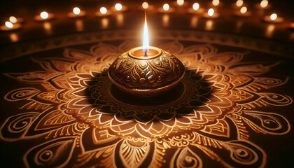 A diya lamp with Rangoli patterns around it, Ai generated image