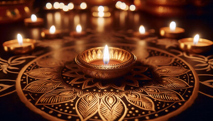 A diya lamp with Rangoli patterns around it, Ai generated image