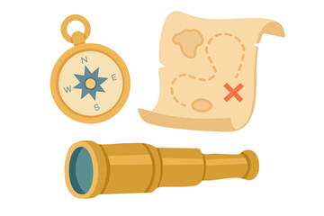 Vector clipart with compass, treasure map and spyglass. Perfect for sea and pirate themes.