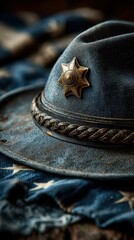 Detailed view of a vintage sheriff's hat resting on a blue fabric background with stars and stripes