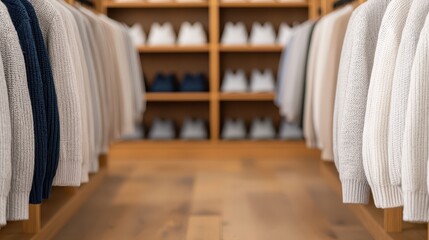Stylish knitwear display fashion store retail showcase indoor close-up view