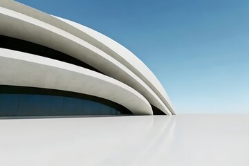 Fototapeta premium Futuristic White Architectural Structure with Curved Overlapping Layers Against Clear Blue Sky