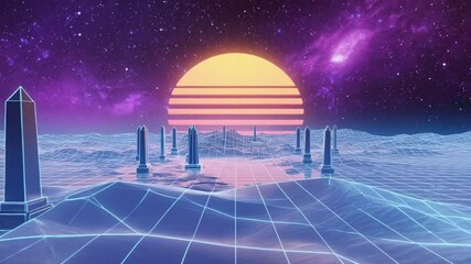 In cosmic desert infinite grid, glowing pillars light neon cacti, abstract vaporwave oasis. retro sun orange purple wireframe pink grid floor. sky swirling galaxies calm ambient backdrop 4K animation - Powered by Adobe