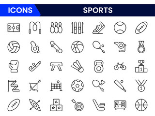 Dynamic vector web line icons depicting sports, athletic gear, competition, fitness, and energetic activities for enthusiasts and athletes.