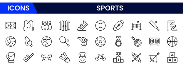 Dynamic vector web line icons depicting sports, athletic gear, competition, fitness, and energetic activities for enthusiasts and athletes.