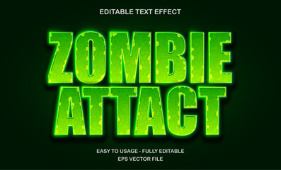 Zombie attack text, editable text effect template, futuristic green shiny glow movie style typeface