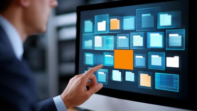 Person Interacting with Digital Files on a Computer Screen in an Office Environment