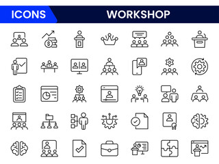 Creative vector web line icons depicting workshop tools, collaboration, skill-building, innovation, and hands-on learning for productive environments.