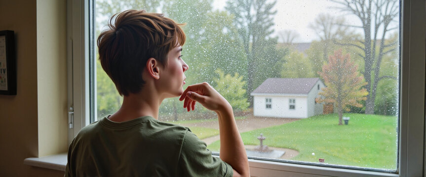 Thoughtful teenage boy gazing out rainy window, peaceful reflection