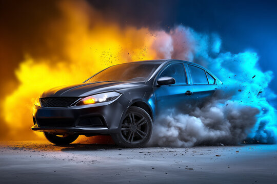 Fototapeta Speedy car accelerates on road with vibrant yellow and blue smoke billowing around. Dynamic action captures energy and excitement. Concept of automotive industry, racing, adrenaline sports