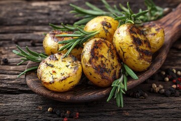 Grilled potatoes infused with rosemary on wooden spoon over rustic backdrop showcasing surface textures and earthy hues for culinary enthusiasts