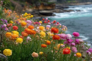 Coastal garden beauty: stunning ranunculus flowers flourishing on the vibrant shoreline