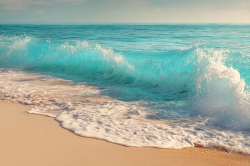 Tranquil blue ocean wave breaking on serene golden beach sand