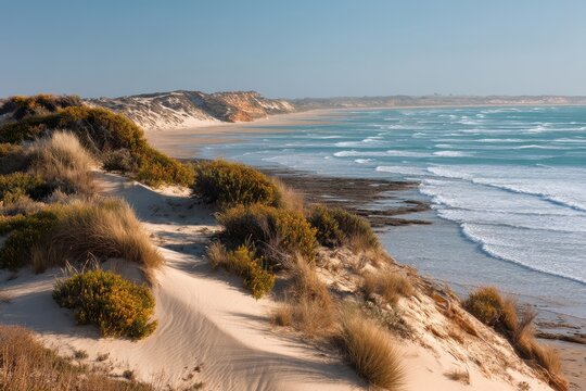 Serene sand dune by peaceful ocean waves at coorong national park, south australia