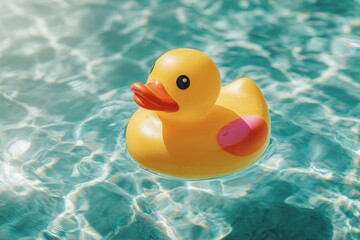 Colorful rubber duck drifting on tranquil turquoise water under bright sun, ideal for capturing joyful summer vibes and childhood memories
