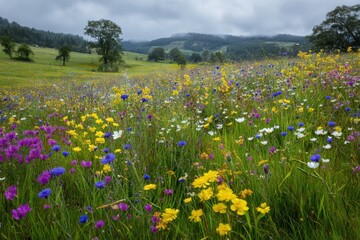 Serene green meadow with colorful wildflowers perfect for nature lovers and relaxation seekers
