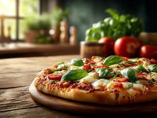 Gourmet Pizza on Rustic Table