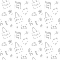 Zero waste doodles seamless pattern, hand drawing vector illustration