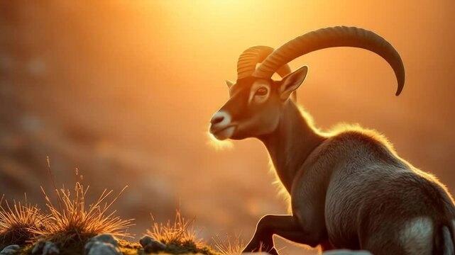 Majestic ibex portrait at sunset, cinematic golden hour wildlife moment