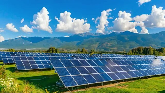 Solar energy farm with rows of photovoltaic panels against a backdrop of mountains and blue sky with clouds, highlighting renewable energy and sustainability.