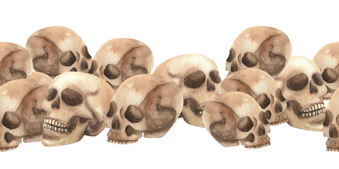 Halloween seamless border with human skulls watercolor illustration. Hand drawn isolated October scary festive banner, dead heads clipart for greeting card, textile, poster,concept packing design © Evgeniya