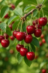 Obraz premium Close up view of ripe red cherries hanging gracefully on a branch of a cherry tree, perfectly ready for picking and enjoying