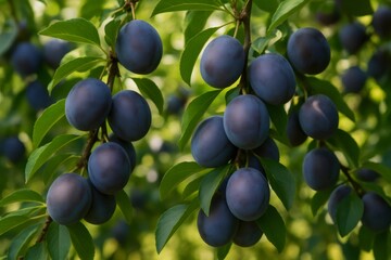 Purple plums ripening on tree branches, displaying deep color and readiness for summer harvest in sunlit orchard setting
