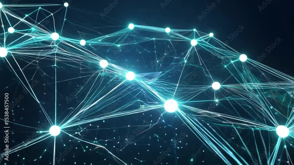 Poster abstract digital network connections with bright nodes and lines representing data flow in a futuris