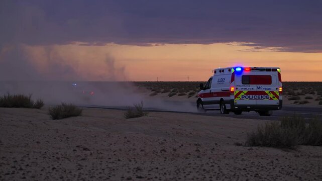 Ambulance chasing police car in desert at twilight