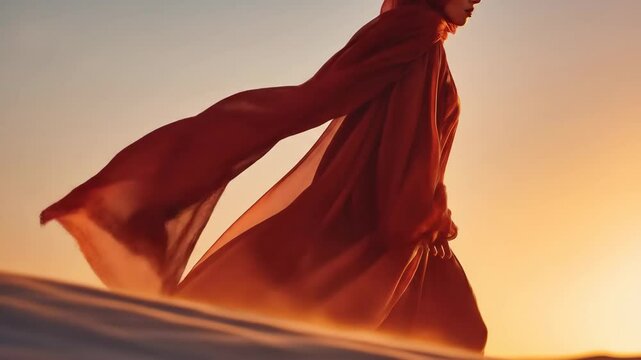 Beautiful woman walks through a sunlit desert wearing a hijab and abaya. Sandstorm swirls around her, creating a dramatic and ethereal atmosphere.

