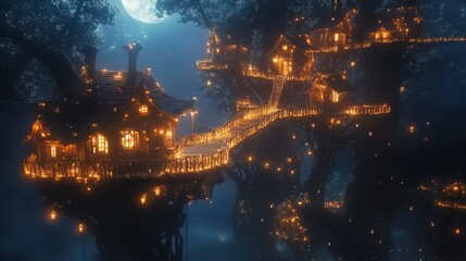 Fototapeta premium Enchanted Treehouse Village Illuminated by Moonlight and Warm Lanterns at Night