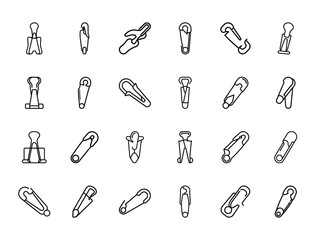 Bundle of Paperclip and Safety Pin Silhouettes in Minimal Line Style on White Background – Vector Icons of Binder Clips, Fasteners, and Office Stationery