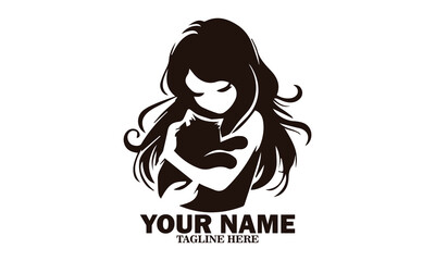 Illustration vector smiling woman hugging cat cute on white background and logo design