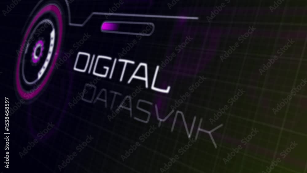 Poster starting display spinning on screen with magenta bar syncing data and datasync label, copy space