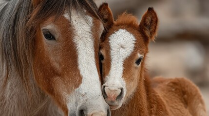 Mother horse and foal cuddle together in a serene natural setting during early morning light