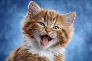 Orange kitten yawning with wide-open mouth displays joyful expression and bright blue background. Ideal concept for pet care, veterinary services, animal rescue