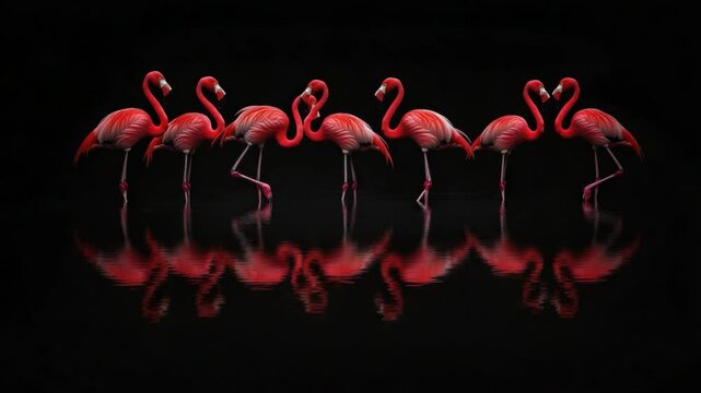 Flamingo Reflection in the Water: A row of vibrant flamingos elegantly stride across the water, creating mirrored reflections that enhance the visual harmony and showcase their striking form. 