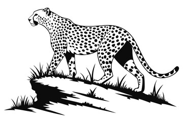 Elegant black and white spotted cheetah strides gracefully across grassy terrain in the design