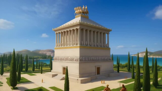 The Mausoleum at Halicarnassus or Tomb of Mausolus - one of the Seven Wonders of the Ancient World. Generative AI
