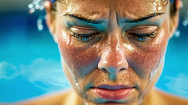 Stress, headache, or face of woman swimmer when exercising, anxious, or exhausted. Tired, tired, or sick athlete with sport injury, migraine, or head ache upset by training.