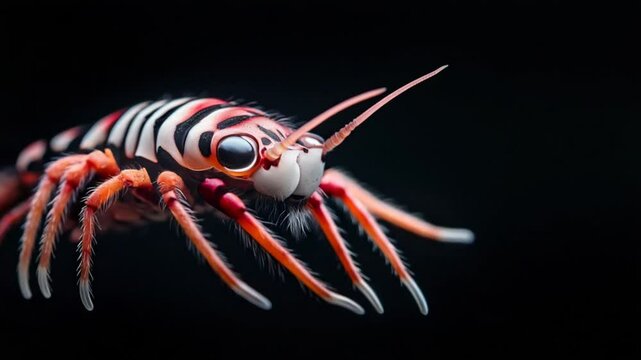 Close-up of a vibrant marine shrimp showcasing intricate patterns and vibrant colors in dark water