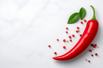 Fresh red chili pepper positioned with scattered colorful peppercorns and green leaves on textured white background. Concept of culinary arts, gourmet cooking, spice trade