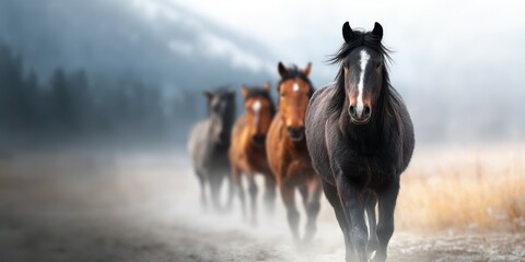 Herd of horses walking through misty landscape in the early morning light
