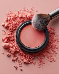 Close up of peach blush compact with small fluffy brush resting on surface, surrounded by loose powder, creating vibrant and artistic makeup composition