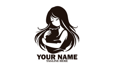 Illustration vector smiling woman hugging cat cute on white background and logo design