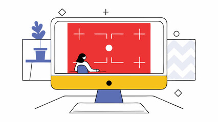 Woman Working on Computer with Red UI