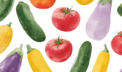 Bouquet of watercolor illustrations of tomatoes, cucumbers, zucchini, eggplants and yellow squash, on a white background,Generative AI
